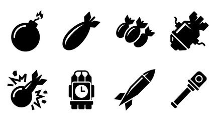 Diverse explosive bomb and dynamite silhouette icons. © Paramount