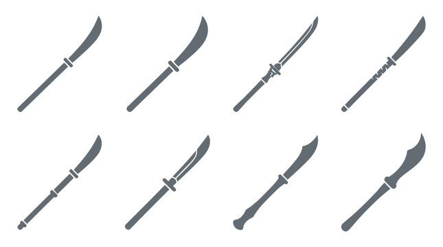Long polearm and naginata silhouette icons set.