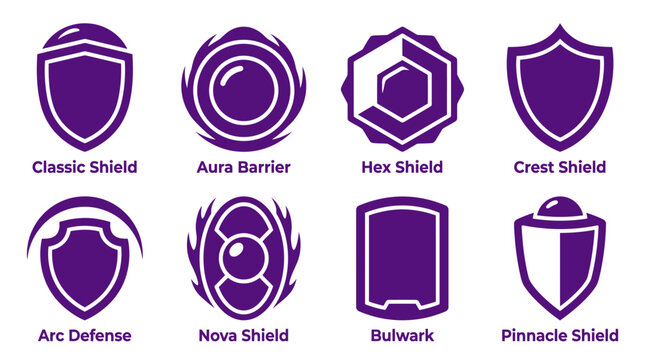 Purple fantasy shield icons for game interface design.