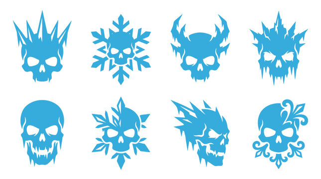 Blue ice skull and snowflake fantasy game icons set.