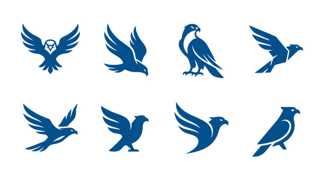 Blue bird and eagle silhouettes in flight poses.