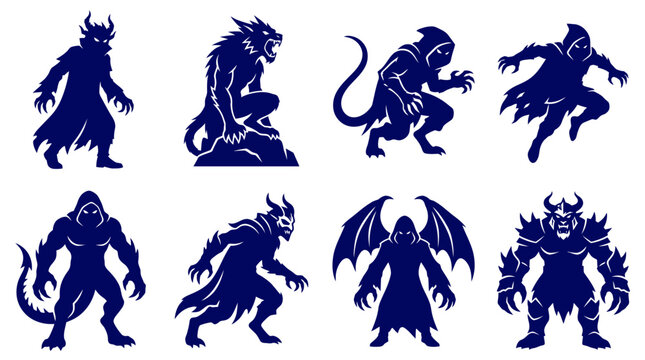 Dark blue demonic monster silhouettes for fantasy game assets.