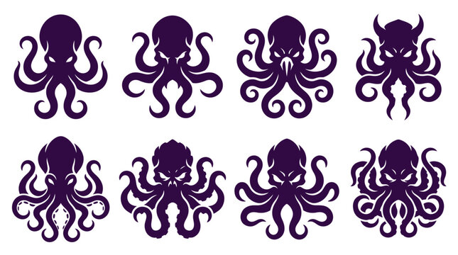 Purple octopus and sea monster silhouette set.