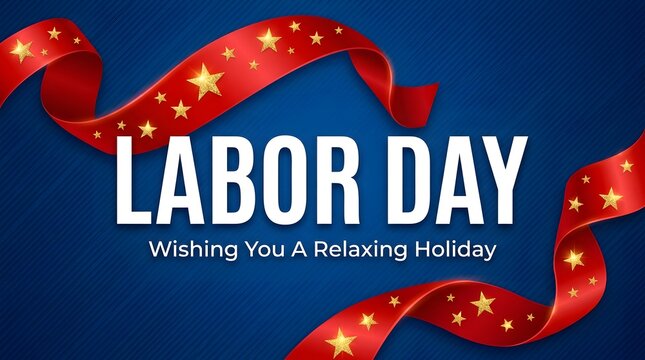 Labor day greeting with red ribbon and gold stars on blue background