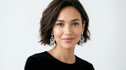 Fototapeta premium Close up portrait of a young brunette woman with short wavy hair. Female wearing a black velvet top and large diamond chandelier earrings. White studio background
