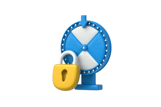 Prohibition of gambling. Secret casino investments. Betting ban. Private game. Fortune wheel beside padlock isolated on white background. 3d render