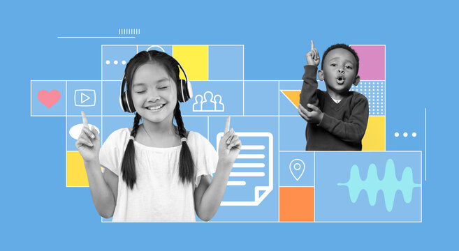 Smiling Asian Girl With Headphones Enjoying Music While Standing In Front Of Colorful Background, Radiating Happiness. Young Child Engaging With Music In Vibrant Environment. Lifestyle Concept.