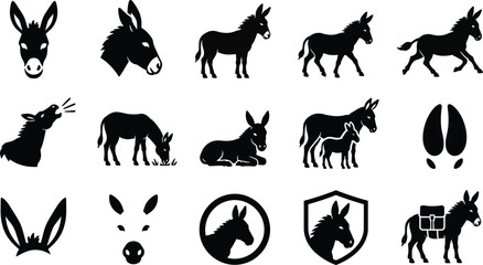 Obraz premium A collection of black vector donkey silhouette icons featuring various poses and activities for professional graphic design and branding projects