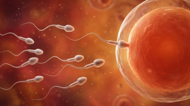Microscopic 3D render of human sperm cells swimming towards an egg cell during natural fertilization and reproduction process