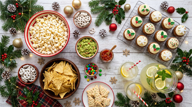 Assorted holiday party snacks including popcorn chips cupcakes and lemonade arranged on a rustic white wooden table for festive celebration