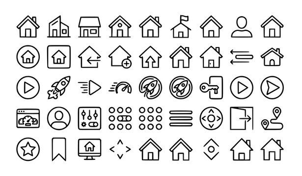 Home and Start Button Outline Icons Set Editable UI Vector Collection