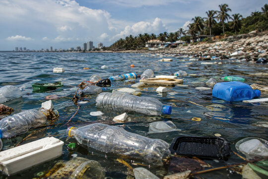 Plastic waste polluting tropical coastline and ocean water