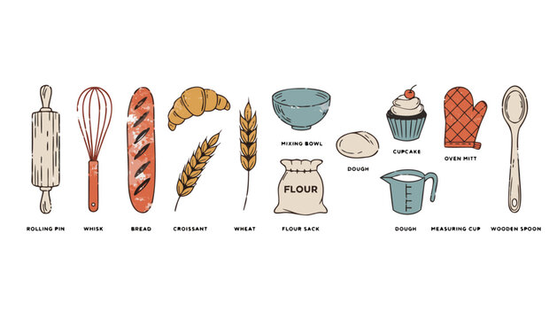 Baker Trade Tools Flatlay Flat Vector Illustration Vintage Working Class Trade Badges Set with Rolling Pin Whisk Croissant and Bread Loaf Isolated Collection for Marketing Packaging and Presentations