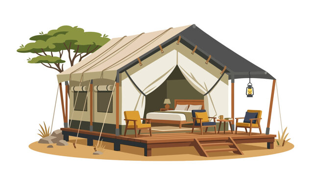 Luxurious glamping tent setup on a wooden deck in a serene savannah environment