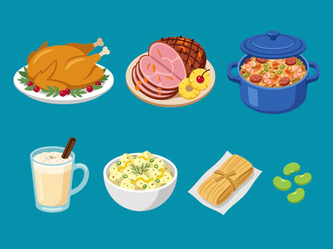 A festive holiday meal arrangement featuring turkey ham potato salad eggnog paella tamales and beans