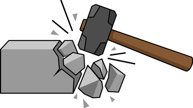 Powerful sledge hammer vector smashing a stone block into pieces