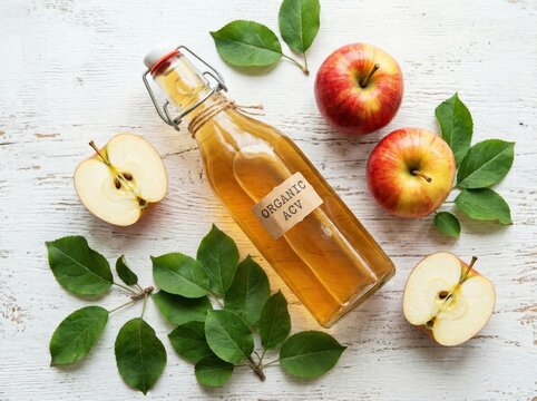 A bottle of organic apple cider vinegar with fresh apples and leaves arranged on a rustic surface