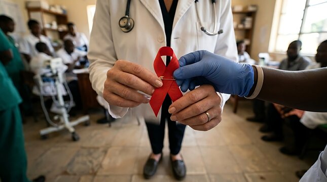 Healthcare professionals collaboratively hold a symbolic red ribbon, representing global HIV/AIDS awareness and support, within a medical clinic setting, highlighting vital public health efforts