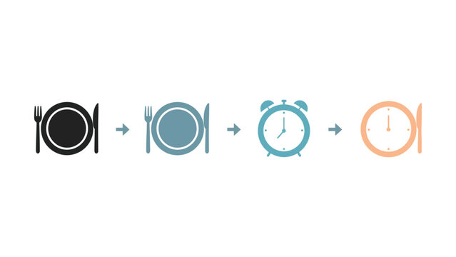 Sequential graphic illustration representing meal timing eating window and intermittent fasting diet concepts