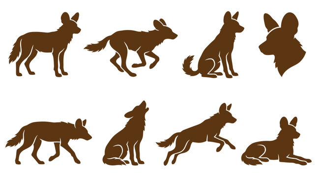 African wild dog silhouettes in active hunting poses.