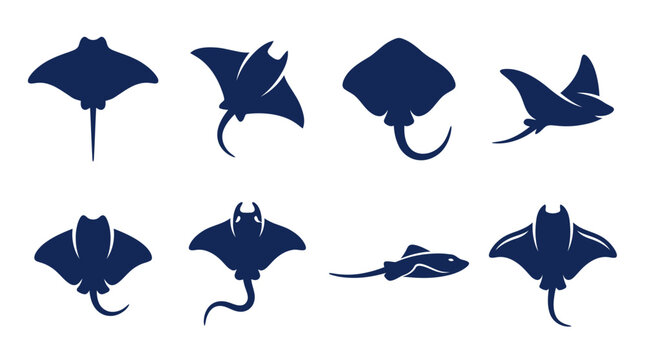 Eight dark blue stingray silhouettes with long tails set.
