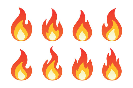 Fire Icon Set, Vector Illustration. Fire Flame Icon Collection and Fire Symbol Set Isolated. Hot, Heat, Burn, Warning, Energy, Campfire and Social Media Design