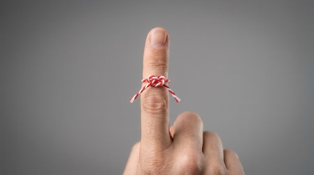 Red and white string tied in a knot around a person's finger.