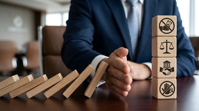 Corporate ethics and risk management concept with businessman hand stopping falling dominoes to protect legal compliance and integrity icons