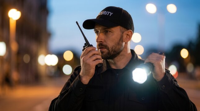 A security guard officer using a walkie-talkie radio and holding a flashlight at night.