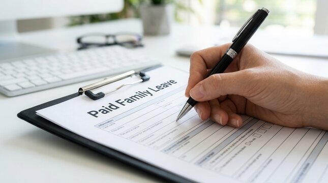 A hand holding a pen is signing a Paid Family Leave application on a clipboard.