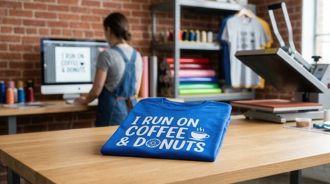 Professional heat transfer t-shirt printing process in a design studio