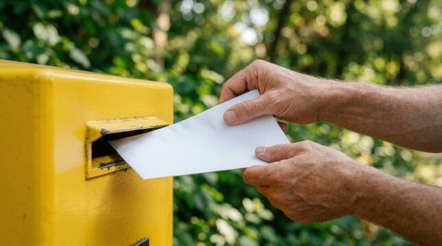 A person inserting a white envelope into a yellow postbox for mail delivery.
