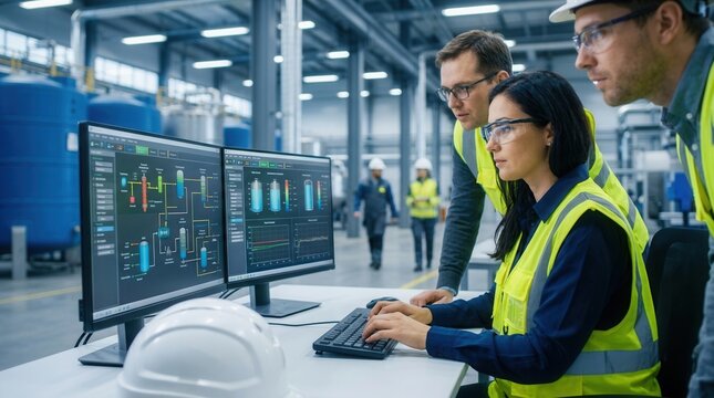 Engineer operators monitoring industrial processes using a SCADA system.