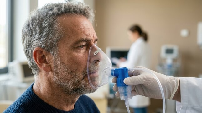 Doctor providing a nebulizer and mask to a patient for asthma and COPD treatment