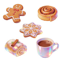 Fototapeta premium Christmas winter sweets and hot chocolate holographic set