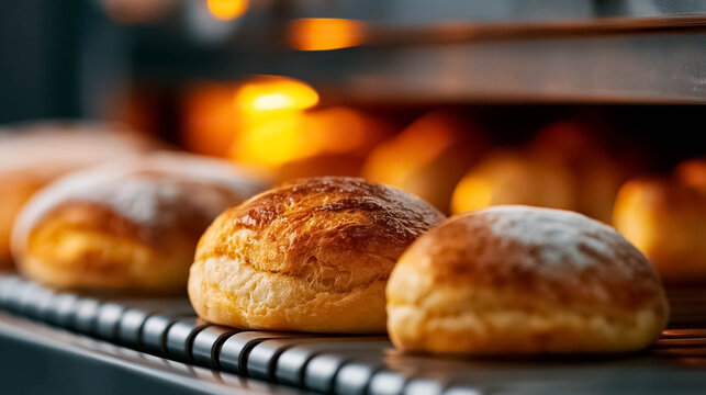Fresh golden bread rolls coming out of industrial bakery oven on automated conveyor belt inside modern commercial baking factory