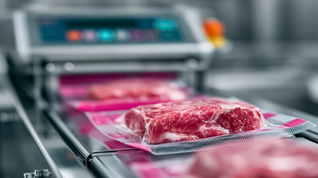 Fresh raw beef steaks vacuum sealed in plastic packaging moving on automated conveyor belt inside modern meat processing and food packaging factory