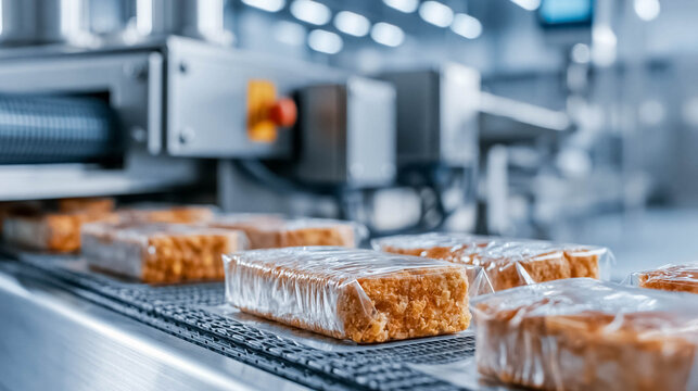 Automated packaged food production line with individually wrapped snack bars moving on conveyor belt inside modern food processing and packaging factory