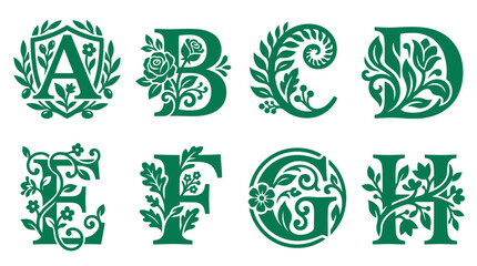 Ornate green floral alphabet letters A through H. © siti