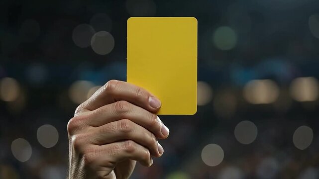 Professional Football Referee Raises Yellow Card During Live Stadium Match in Slow Motion Close Up, Hand Lifts the Card Into View Against Blurred Crowd and Stadium Lights, Clear Visual Representation 