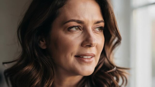 Elegant brunette woman with a thoughtful expression, looking out a window, symbolizing planning and vision.