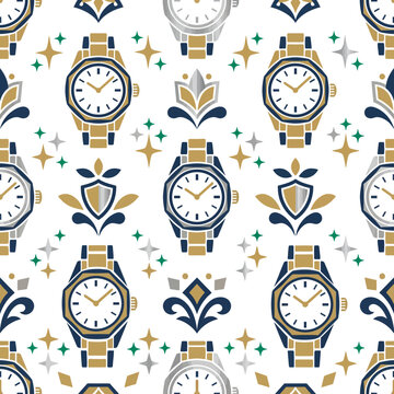 Seamless pattern of vintage watches and decorative elements, flat design vector illustration