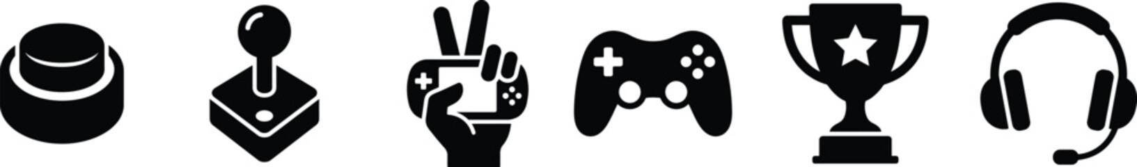 Black gaming icons set including controller, trophy, and headset © Top Stock