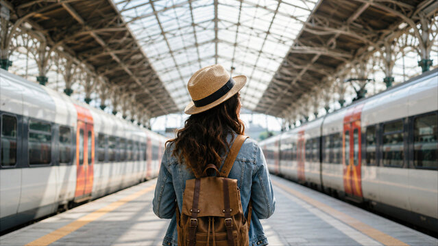 Young woman traveler with backpack and straw hat standing on train station platform between two trains waiting for departure