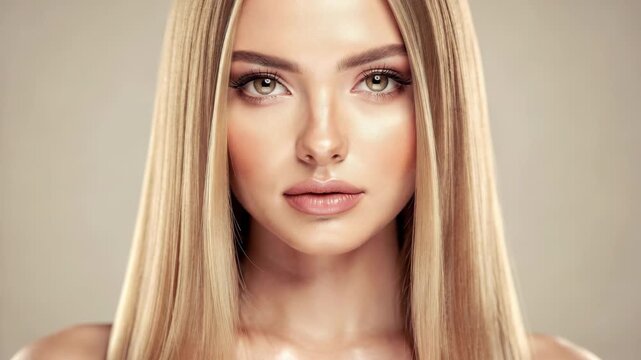This features a model with long, shiny hair and striking makeup, focusing on her eyes and lips against a soft-focus background.