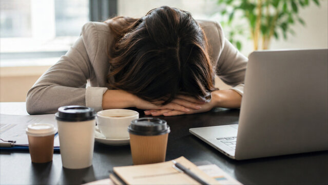 Exhausted businesswoman sleeping on office desk with laptop and multiple coffee cups, overworked professional suffering from burnout and fatigue in workplace.