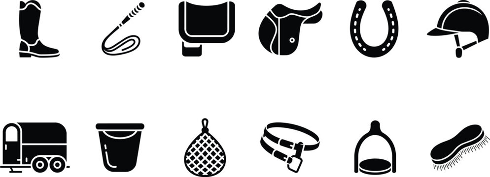 Equestrian sports equipment icons set collection featuring horse riding gear, stable accessories, animal care tools