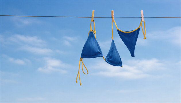 Blue and yellow string bikini hanging on a clothesline against a clear blue summer sky