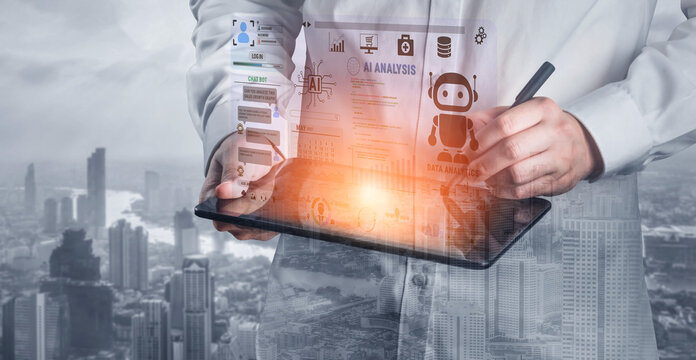 Professional holding tablet with data analysis graphics and robot imagery, exploring insights in a modern city environment with technology elements Fluxor.