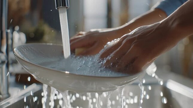 Person washing a white ceramic plate under a running kitchen faucet